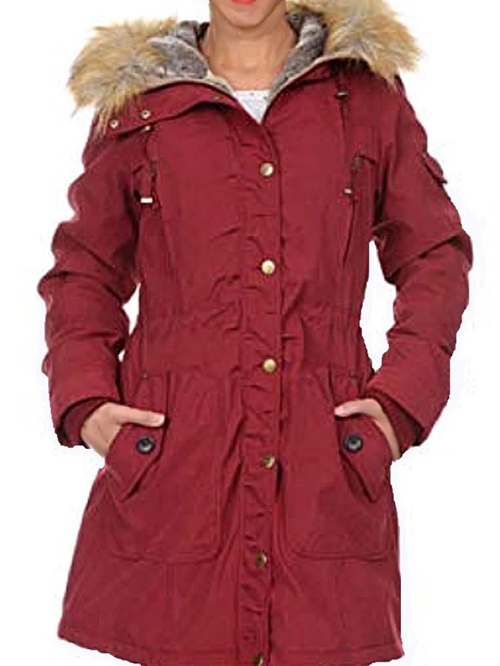 Women's Red Parka Coat with Faux Fur Hood